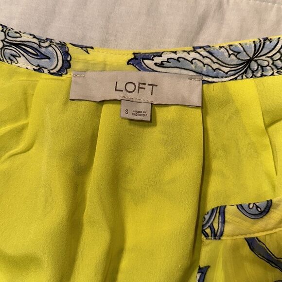 LOFT S Neon Yellow Blue White Floral Flutter Short Sleeve A-Line Belted Dress - Picture 8 of 10